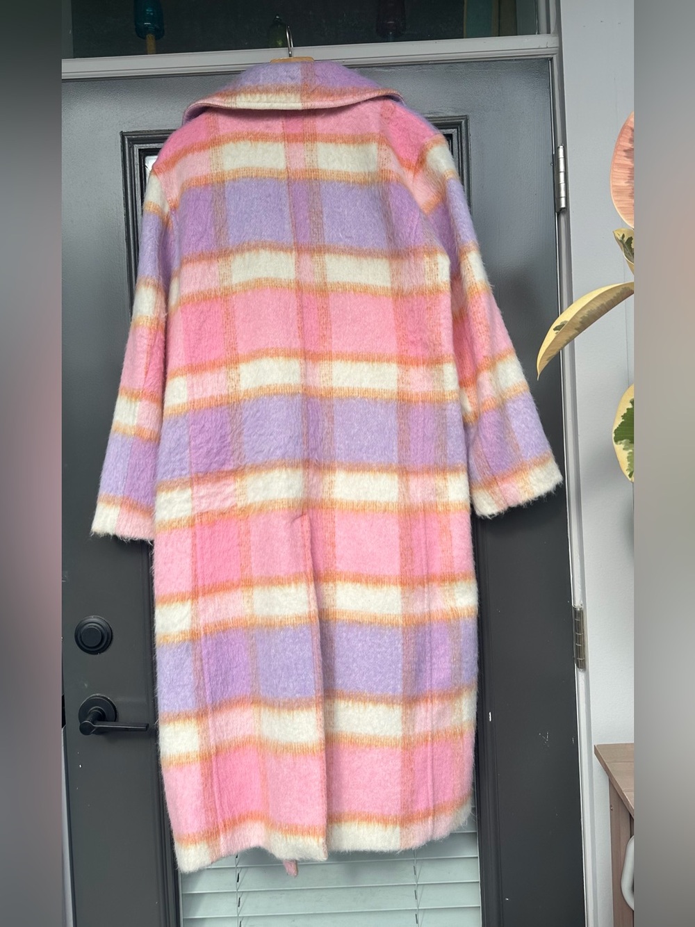 Anthropologie Maeve Pastel Plaid Long Faux Fur Peacoat Winter Coat - Large - Picture 7 of 9